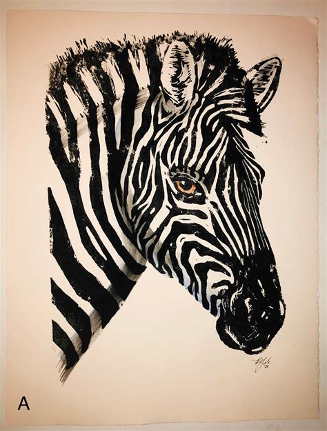 Zebra Art Linocut Print Hand Printed Hand Colored Art Etsy