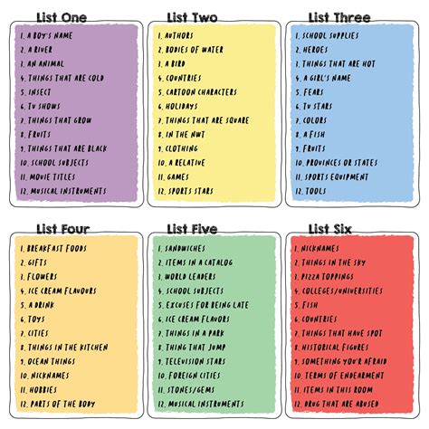 Scattergories Lists 1 12 Printable Printablee