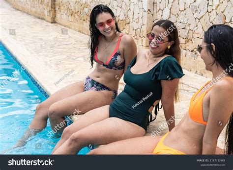 Three Latina Women Bathing Suits Sunglasses Stock Photo Shutterstock