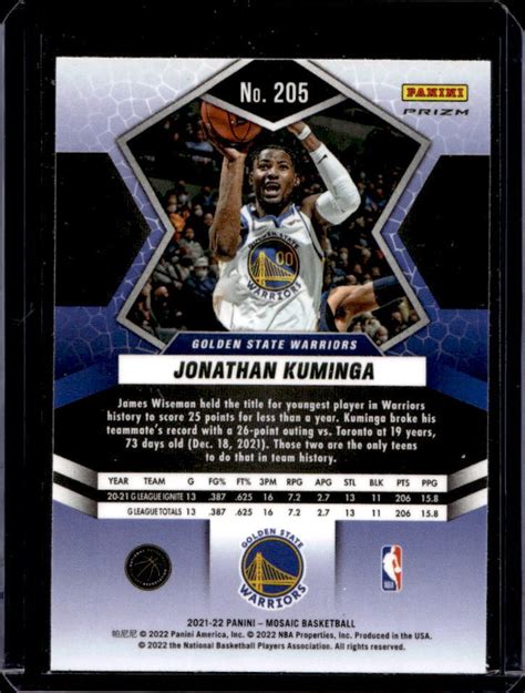 2021 22 Mosaic Jonathan Kuminga Green Mosaic Prizm Rookie RC 205