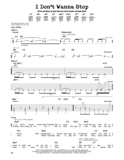 I Don't Wanna Stop by Ozzy Osbourne - Guitar Lead Sheet - Guitar Instructor