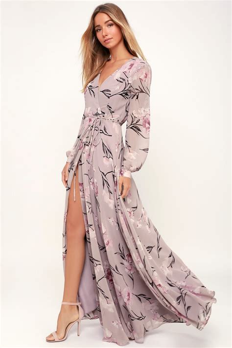 Loving You Dusty Purple Floral Print Long Sleeve Wrap Maxi Dress Maxi Dress Floaty Maxi Dress