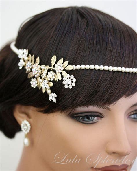 Art Deco Bridal Headpiece Gold Bridal Halo Leaves Pearl Headband