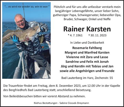 Traueranzeigen Von Rainer Karsten Harztrauer De