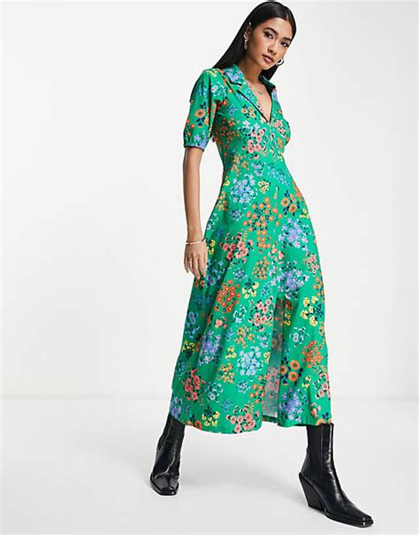 Asos Design Ultimate Midi Tea Dress With Collar In Green Floral Print