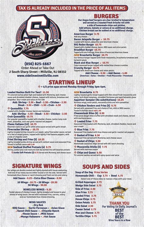 Menu At Sidelines Sports Bar And Grill Millville