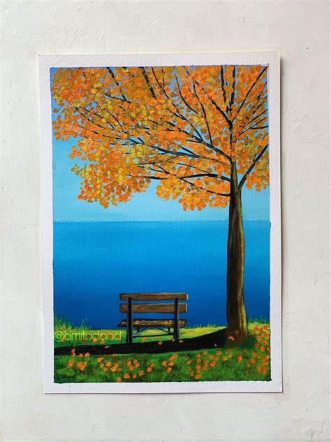 Autumn Bench A4 Size Painting On Paper 2020 Acrylic Painting By