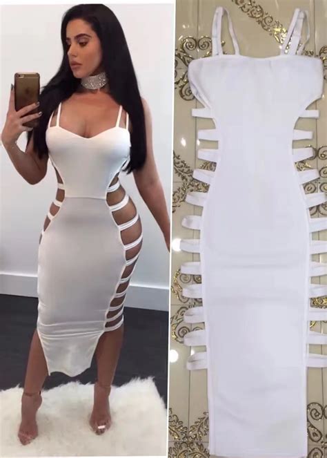 Elegant White Long Dress Side Hollow Out Design Celebrity Party Style Evening Bandage Dress In