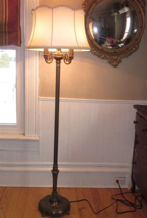 Antique Rembrandt Torchiere Candelabra Floor Lamp W Milk Glass And Fabric Shades Traditional