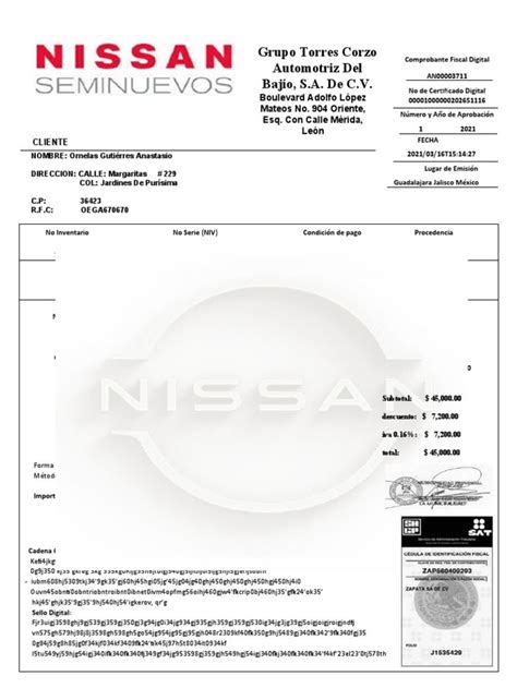 Factura Nissan PDF Tecnologías automotrices Industria automotriz