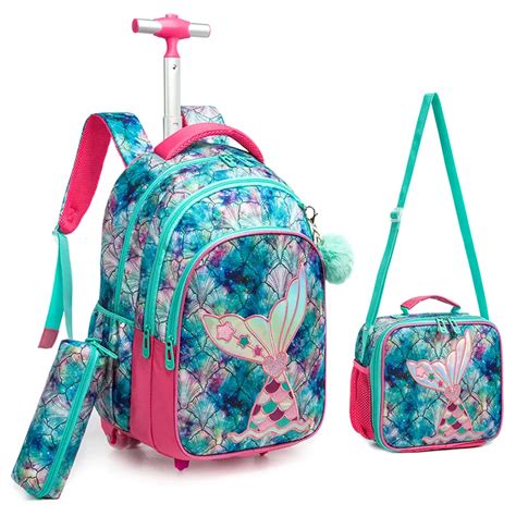 Children School Bags For Girls With Wheels Trolley Bag With Lunch Bag