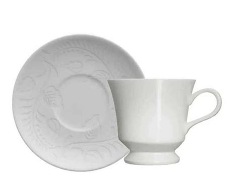 Jogo 6 Xícaras de chá Pires Folk 190ml Relevo Porcelana Branca