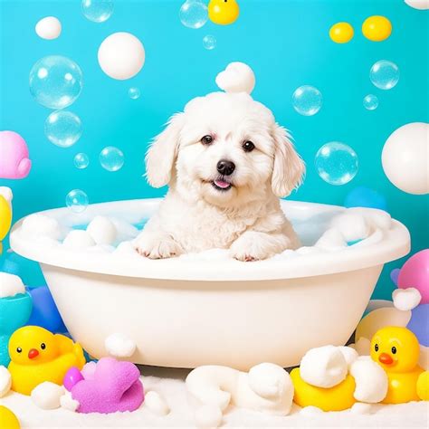 Premium Ai Image A White Dog Relaxing In A Bubble Bath