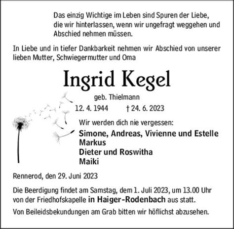 Traueranzeigen Von Ingrid Kegel Vrm Trauer De