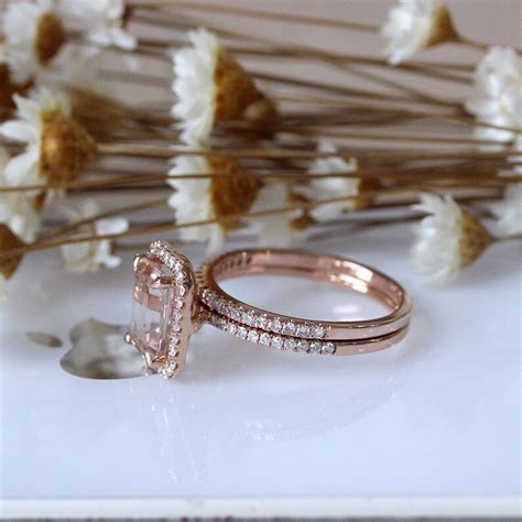 Emerald Cut Morganite Engagement Ring Set 14k Rose Gold Etsy