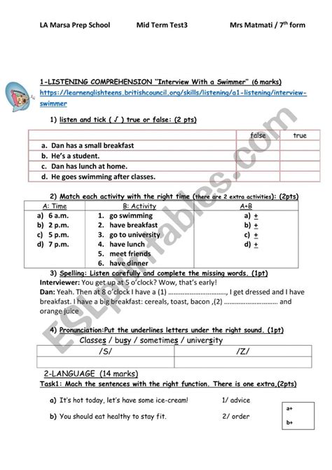 Mid Term Test N Esl Worksheet By Myriam