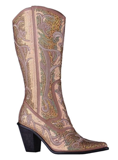 Helens Heart Gold Blingy Sequins Cowboy Boots Womens Brown Cowboy Boots Custom Cowboy Boots