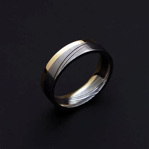 Genuine Stainless Damascus Steel And 18k Yellow Gold Mens Ring Etsy