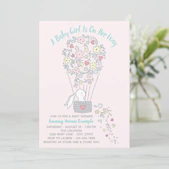 Girl Hot Air Balloon Bunny Baby Shower Invitations Zazzle