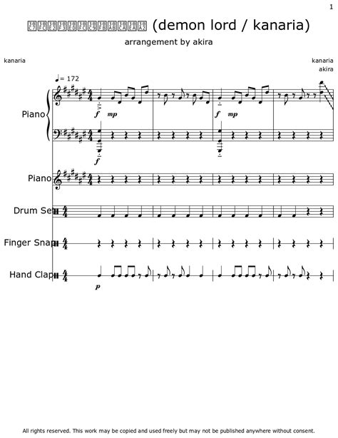 Demon Lord Kanaria Sheet Music For Piano Drum Set