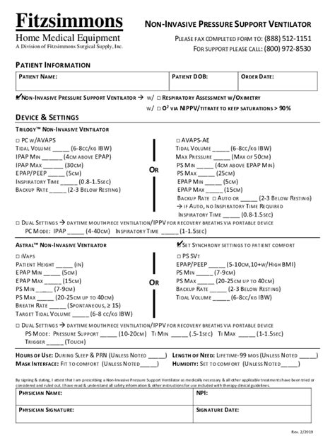 Fillable Online Fitzsimmons NON INVASIVE PRESSURE SUPPORT VENTILATOR