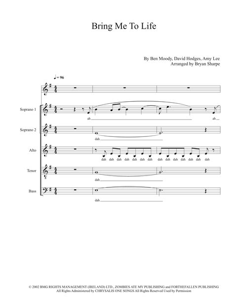 Bring Me To Life Arr Bryan Sharpe Bsharpe Music Sheet Music