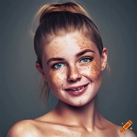 Portrait Of A Smiling Young Woman With Freckles And Dark Blonde Hair On