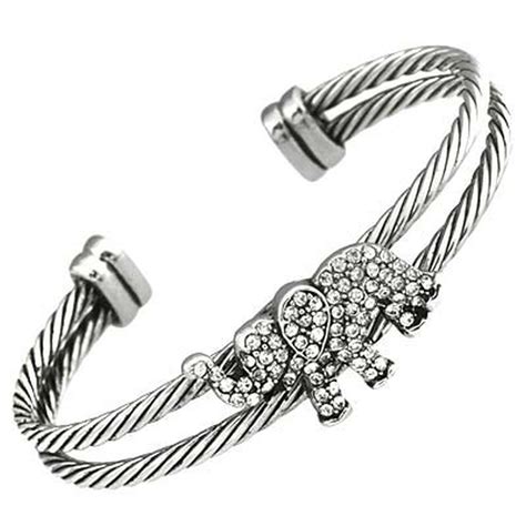 Designer`s Touch Elephant Bracelet Twisted Wire Cable Cuff Rhinestones