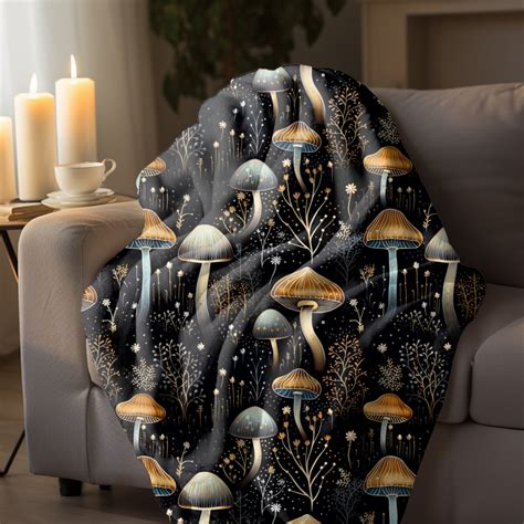 Winter Night Mushroom Blanket Forestcore Blanket Art Deco Mushrooms