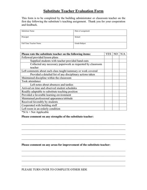 Substitute Teacher Evaluation Form In Word And Pdf Formats