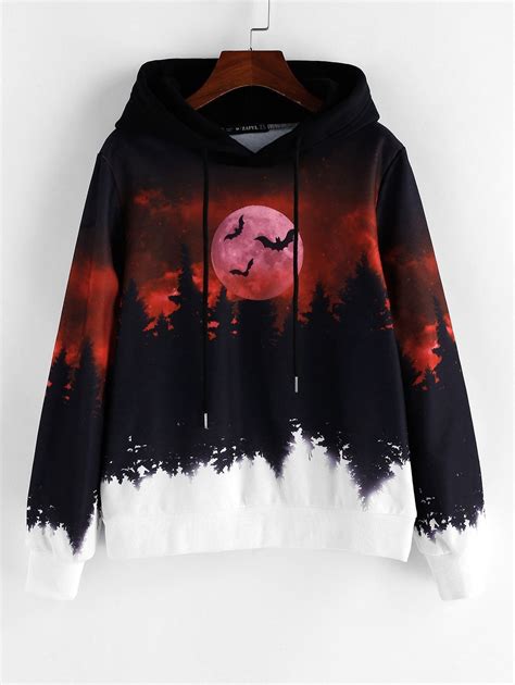 Zaful Halloween Forest Bat Moon Print Drawstring Hoodie Multi ในปี 2024