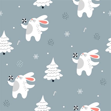 Premium Vector Seamless Pattern With Rabbits In The Forest Winter Time