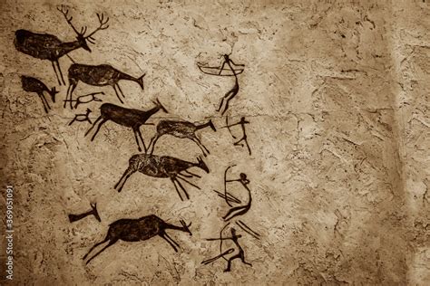 Cave art seamless pattern made of ancient wild animals, horses and hunters. Rock paintings ...