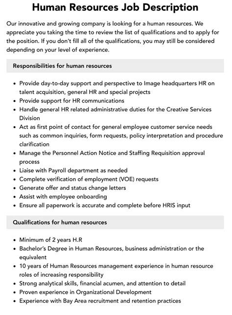 Human Resources Job Description Velvet Jobs