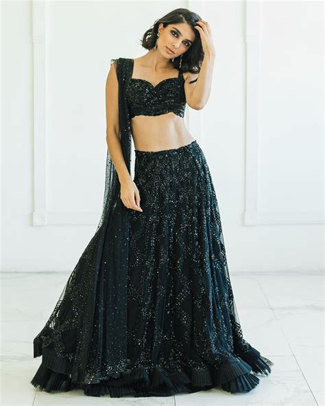 Black Sequined Frill Bridal Lehenga Custom Indian Bridal Wear Online