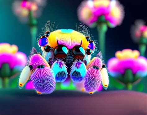 милый пушистый маленький паук в неоновых ярких цветах и генерации ...
