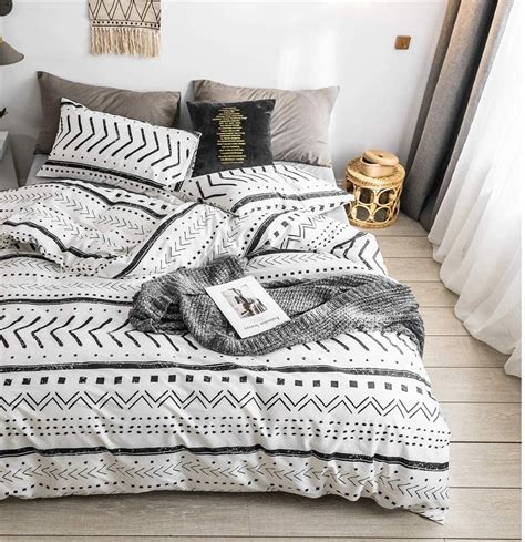 Bohemian King Bedding Duvet Cover Set Black Striped Ethnic Boho