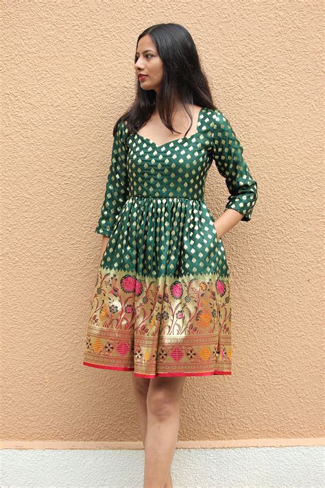 Forest Green Brocade Dress - Mogra Designs