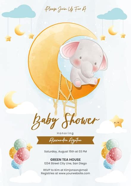 Invitación lindo elefante sentado en la luna creciente en estilo