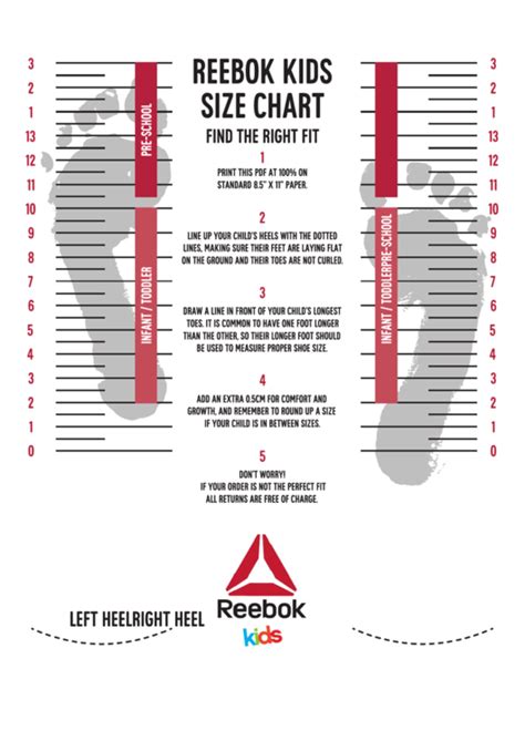 Reebok Kids Size Chart printable pdf download