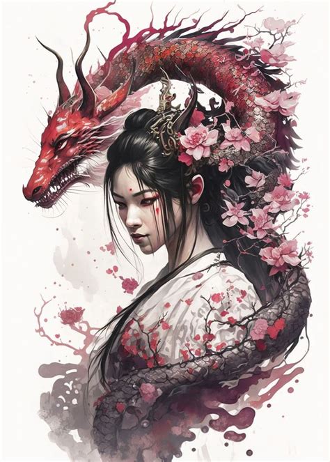 Geisha Dragon Poster Picture Metal Print Paint By Graphic Japanese