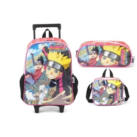 Kit Mochila de Rodinhas Lancheira térmica Estojo Boruto Naruto