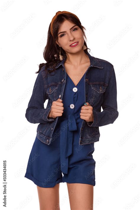 Beautiful Brunette Woman Dressed In A Blue Jumpsuit And Denim Jacket Chelma On The Head Modern