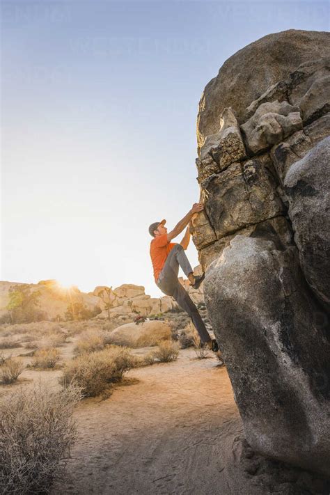 Male Boulderer Moving Up Boulder In Joshua Tree National Park At Dusk