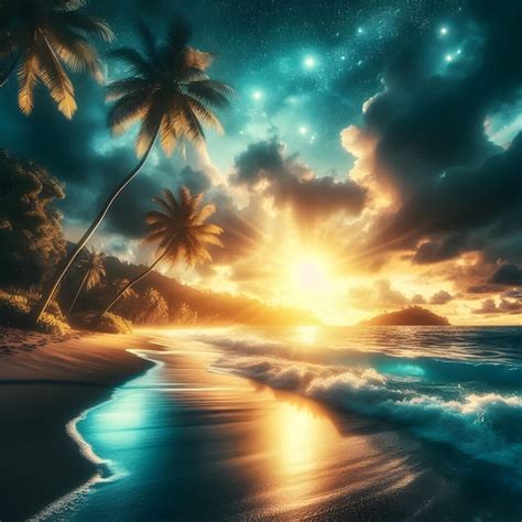 Premium Photo | Beautiful seascape with palm trees at night