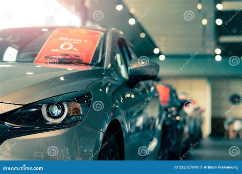 Selective Focus Grey Car Parked In Luxury Showroom Car Dealership