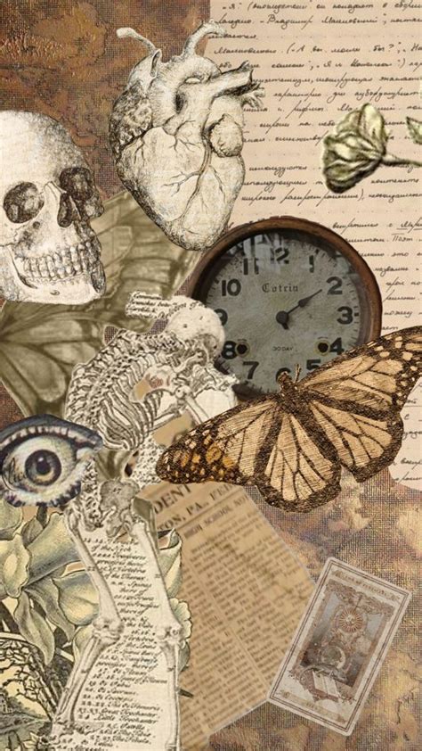 An Altered Photograph Of A Clock Skull And Other Items On A Piece Of