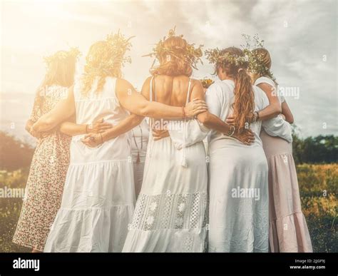 Women In Flower Wreath On Sunny Meadow Floral Crown Symbol Of Summer