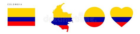 Colombia Flag In Different Shapes Icon Set Flat Vector Illustration