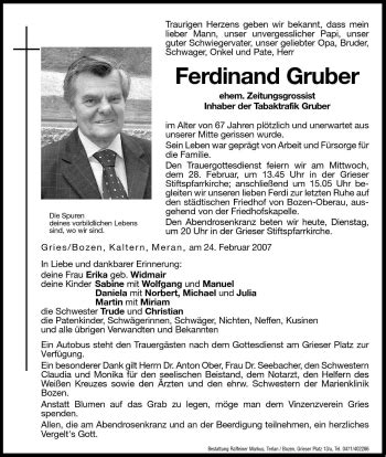 Traueranzeigen Von Ferdinand Gruber Trauer Bz